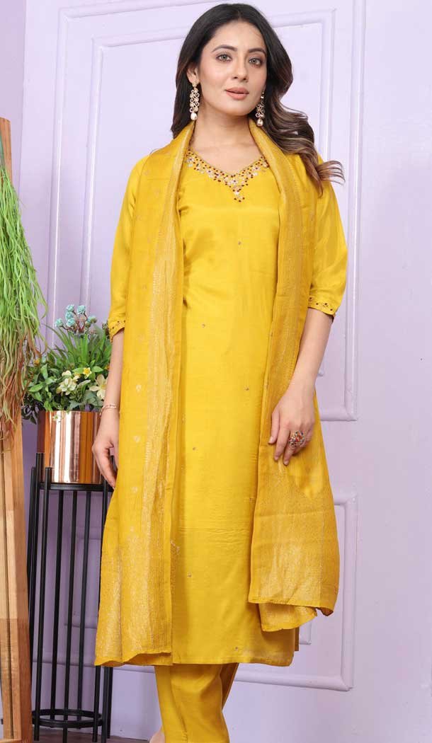 Mustard Muslin Hand Work Party Wear Readymade Salwar Suit - 9836189868