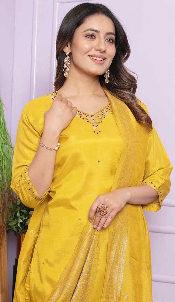 Mustard Muslin Hand Work Party Wear Readymade Salwar Suit - 9836189868