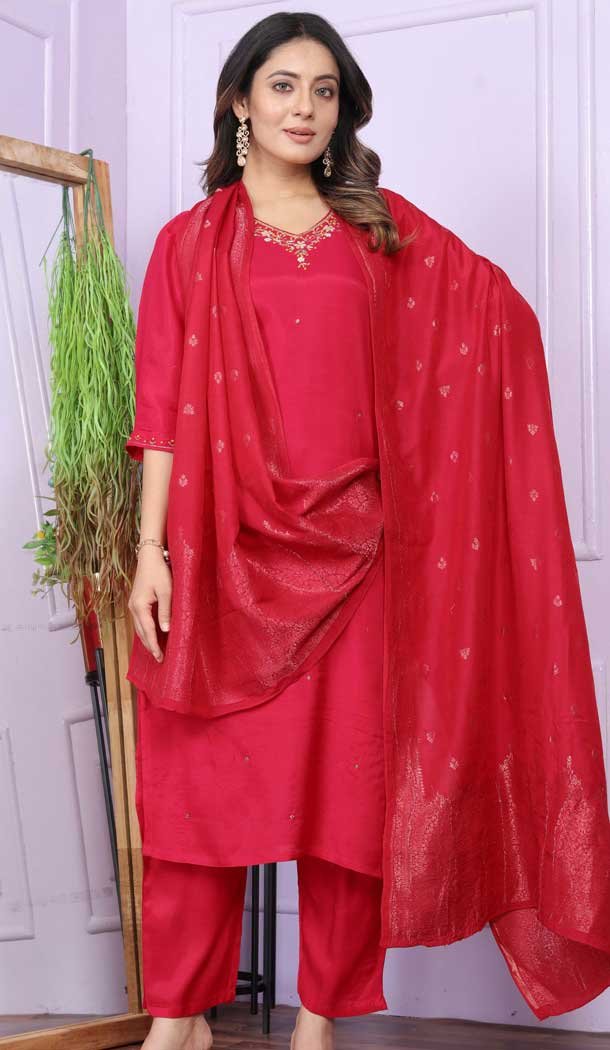 Rani Pink Muslin Hand Work Party Wear Readymade Salwar Suit - 9836189869