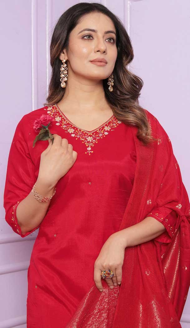 Red Muslin Hand Work Party Wear Readymade Salwar Suit - 9836189870
