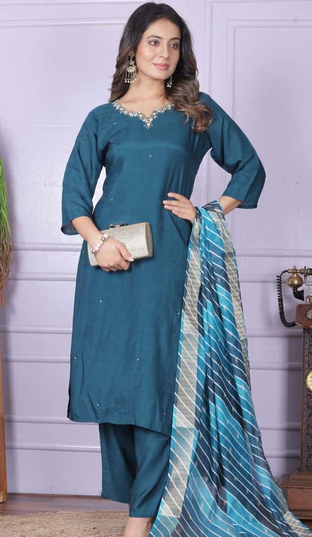 Blue Muslin Hand Work Party Wear Readymade Salwar Suit - 9836189871