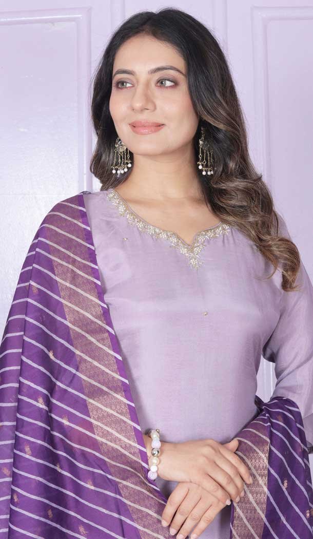 Purple Muslin Hand Work Party Wear Readymade Salwar Suit - 9836189872