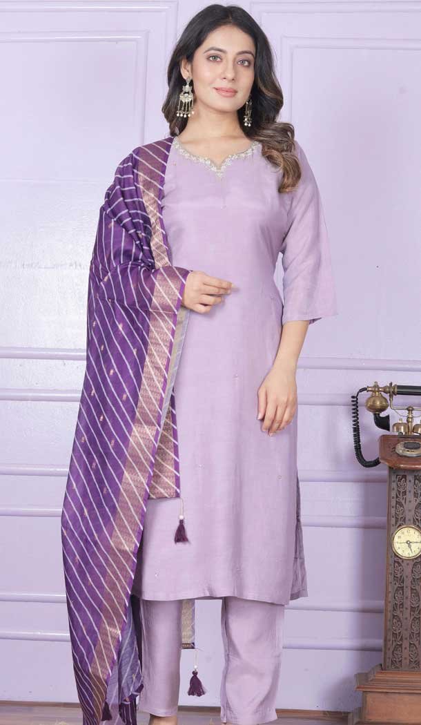 Purple Muslin Hand Work Party Wear Readymade Salwar Suit - 9836189872