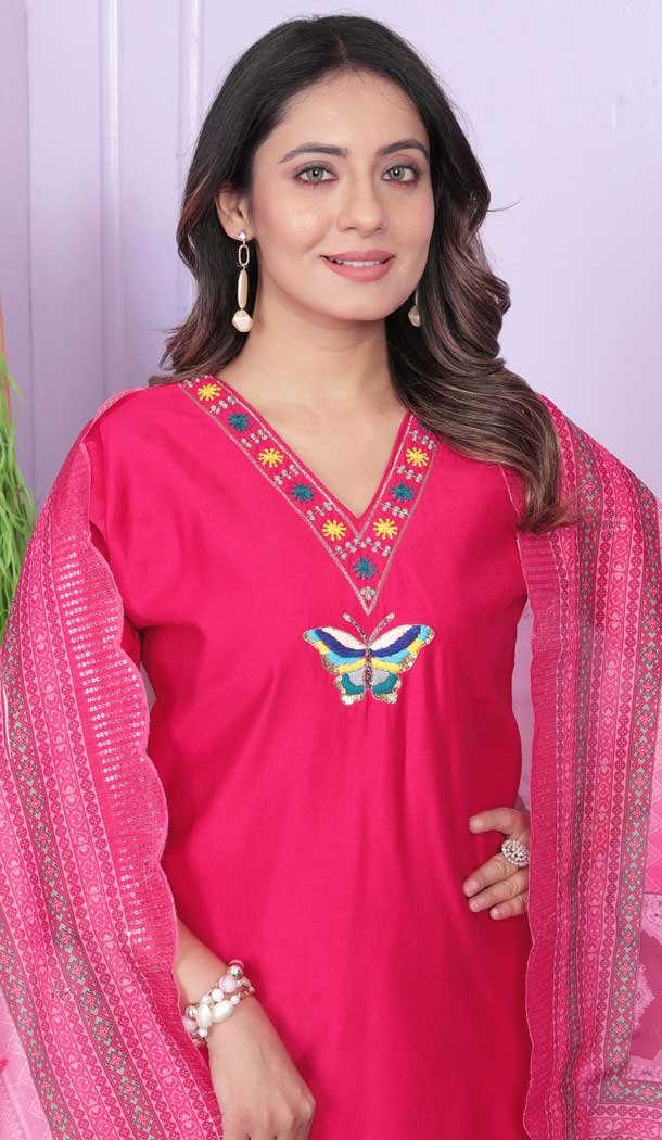 Rani Pink Viscose Denting Hand Work Party Wear Readymade Salwar Suit - 9836189873