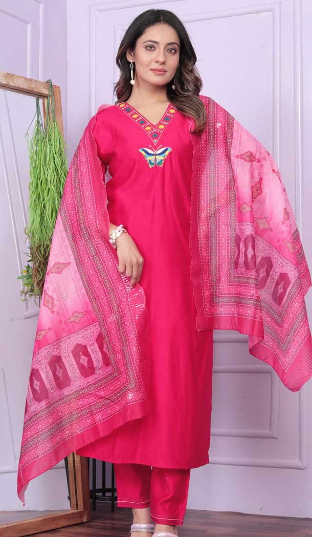 Rani Pink Viscose Denting Hand Work Party Wear Readymade Salwar Suit - 9836189873