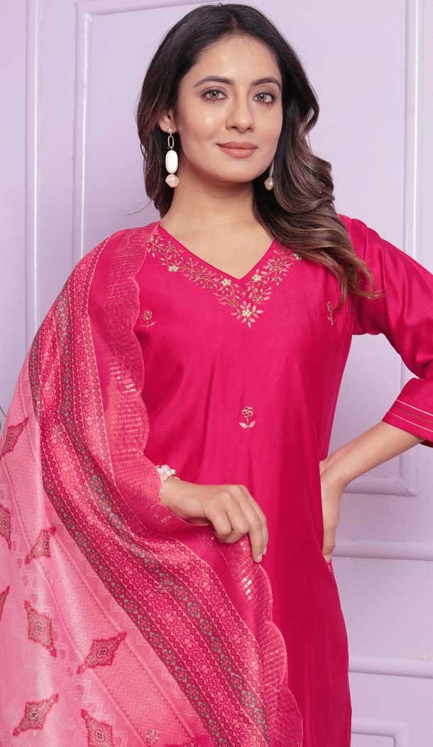 Viscose Denting Hand Work Party Wear Readymade Salwar Suit In Rani Pink - 9836189874