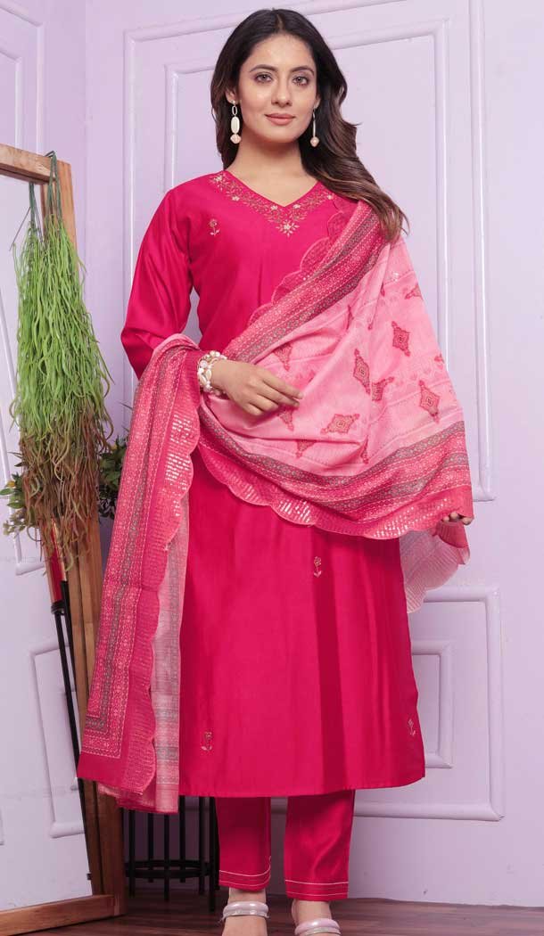 Viscose Denting Hand Work Party Wear Readymade Salwar Suit In Rani Pink - 9836189874
