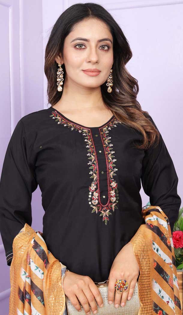 Black Roman Silk Hand Work Party Wear Readymade Salwar Suit - 9836189875