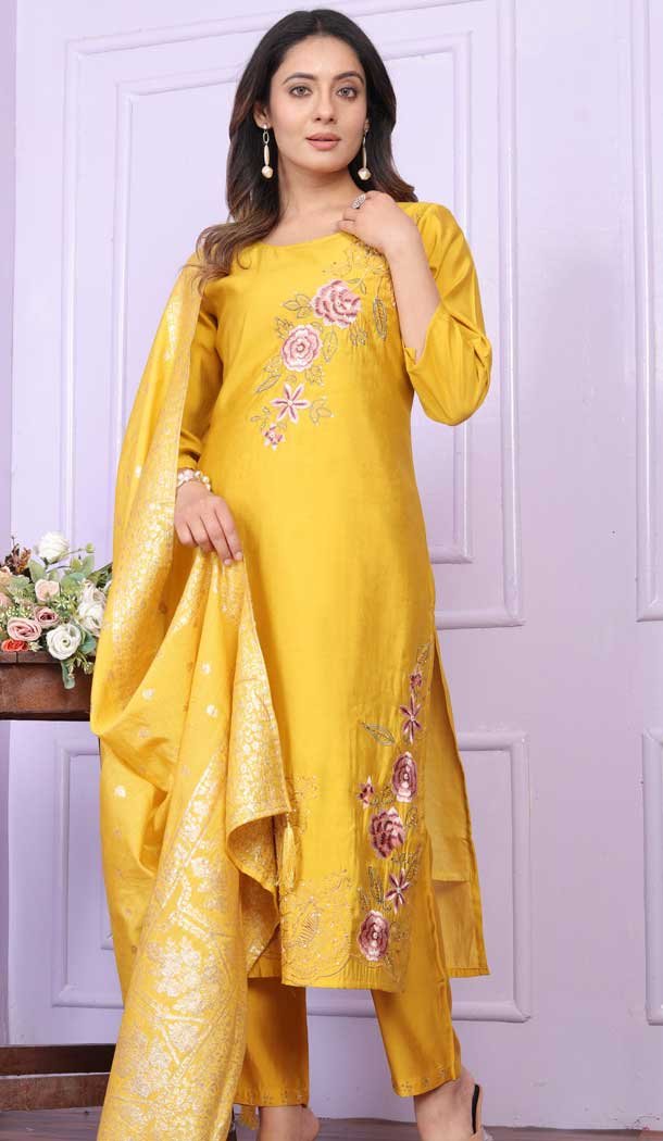 Yellow Russian Silk Hand Work Party Wear Readymade Salwar Suit - 9836189887