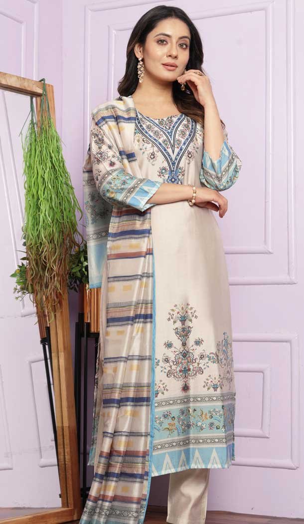 Cream Printed Modal Silk Hand Work Party Wear Readymade Salwar Suit - 9836189888