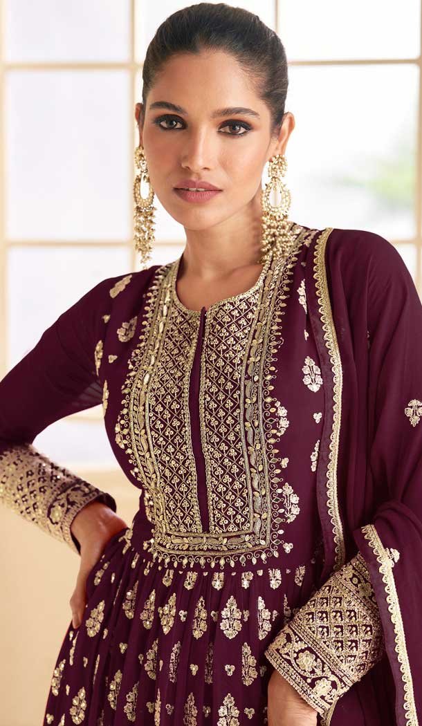 Maroon Georgette Embroidered Party Wear Gown - 9840189909