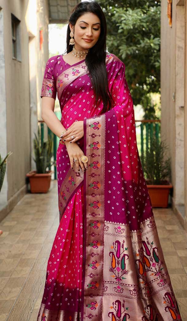 Pink Dola Silk Bandhej Printed Party Wear Saree - 147161385