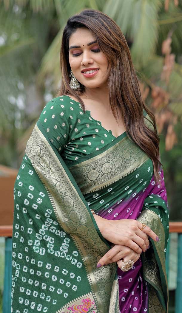 Green Dola Silk Bandhej Printed Traditional Wear Saree - 147361519