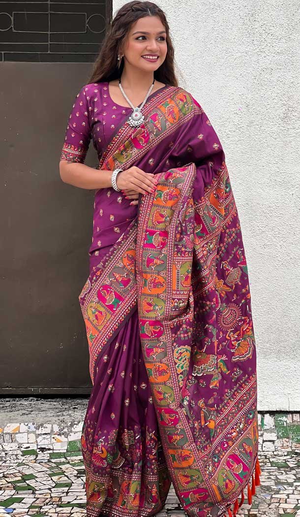 Pashmina Silk Meenakari Work Party Wear Saree In Purple - 147371526