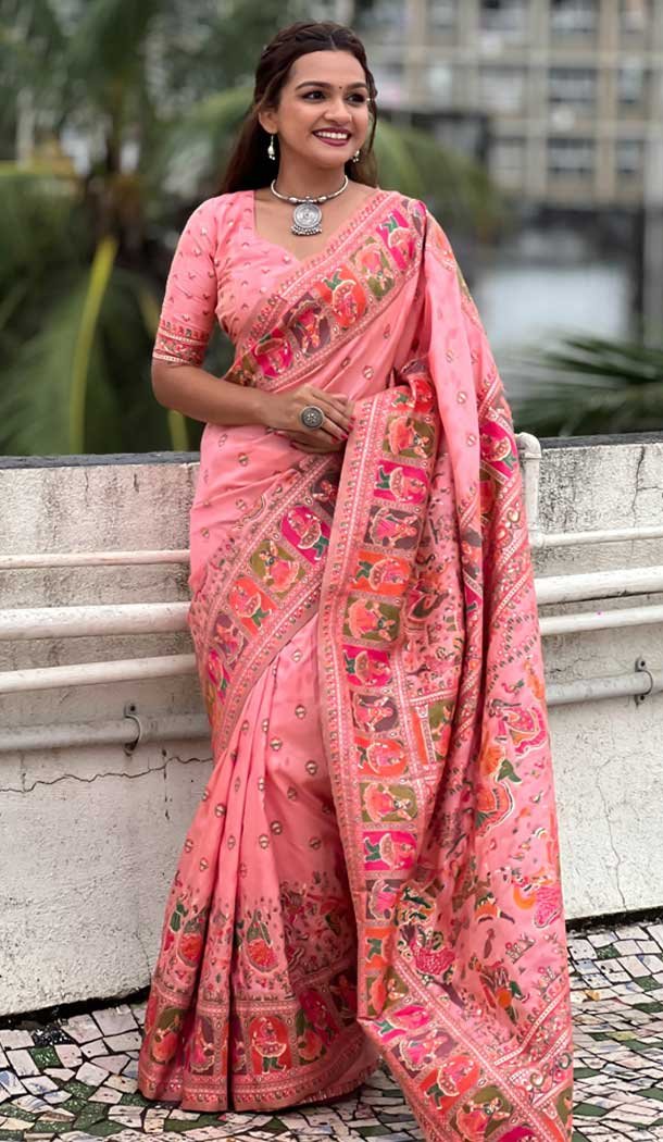 Pashmina Silk Meenakari Work Party Wear Saree In Peach - 147371527