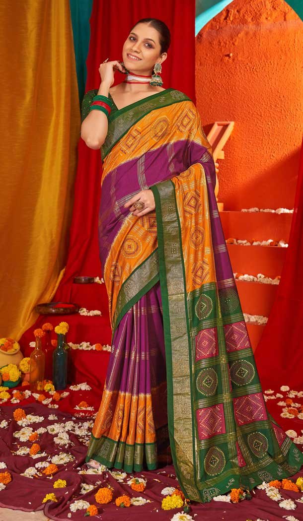 Mustard Purple Tussar Silk Swarovski Work Party Wear Designer Saree - 147441597