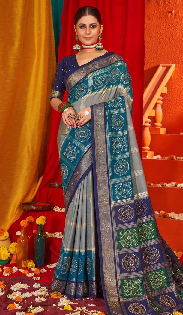 Grey Blue Tussar Silk Swarovski Work Party Wear Designer Saree - 147441598