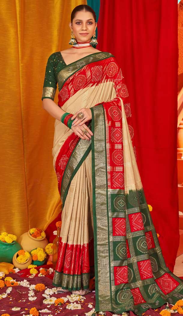 Beige Red Tussar Silk Swarovski Work Party Wear Designer Saree - 147441599
