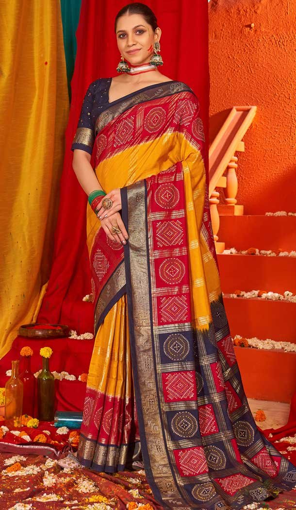 Gold Red Tussar Silk Swarovski Work Party Wear Designer Saree - 147441601