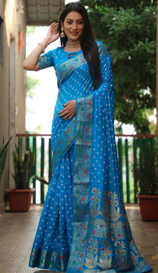 Paithani Silk Bandhej Work Traditional Wear Saree In Blue - 147531647