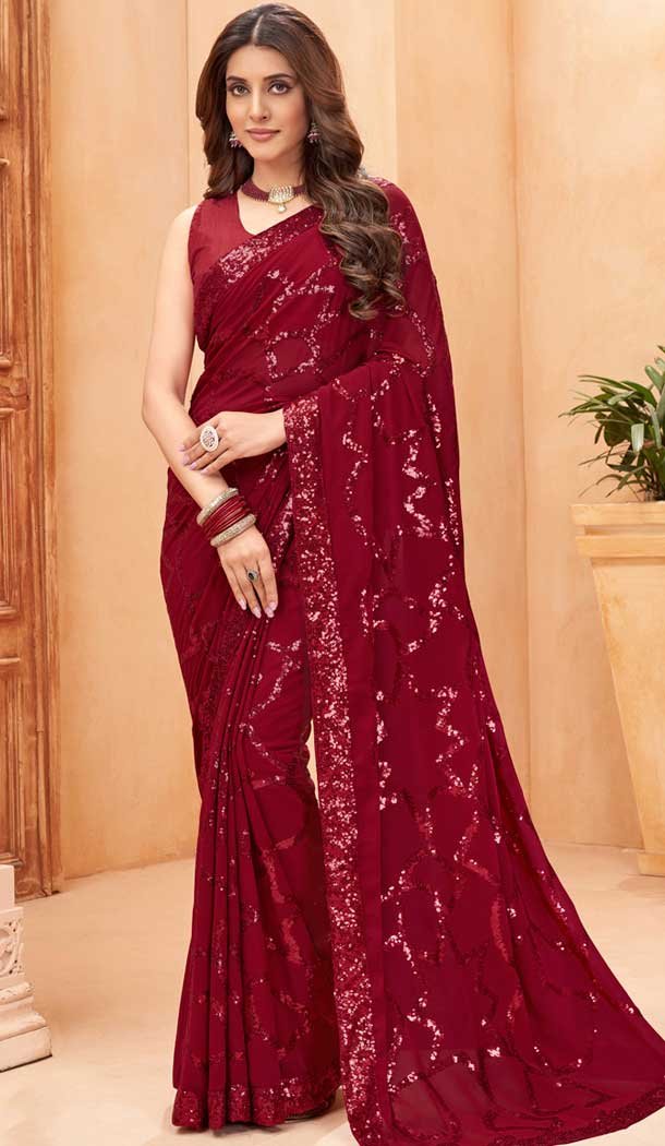 Maroon Faux Georgette Sequence Embroidered Party Wear Saree - 147641700