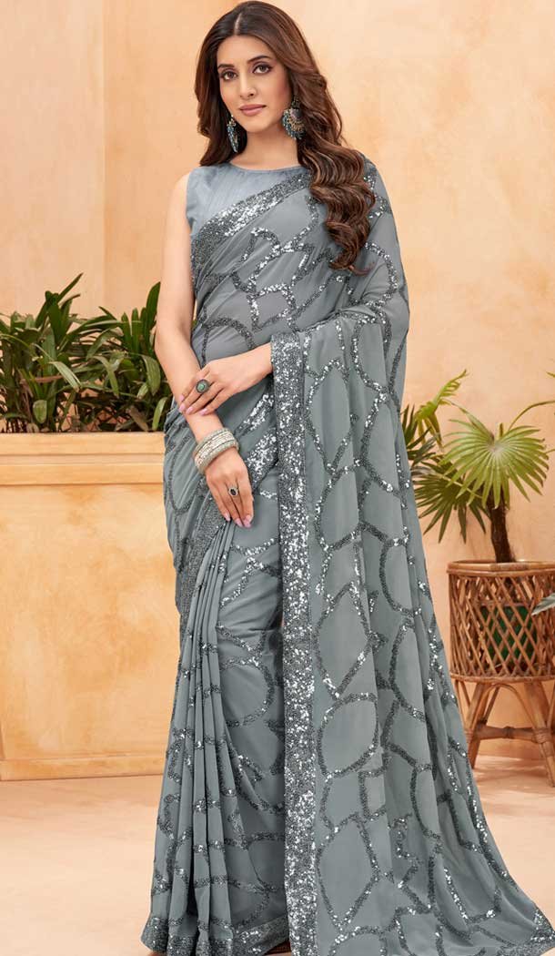 Grey Faux Georgette Sequence Embroidered Party Wear Saree - 147641703