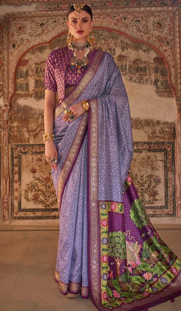 Purple Viscose Silk Printed Plus Size Designer Wear Saree - 147691734