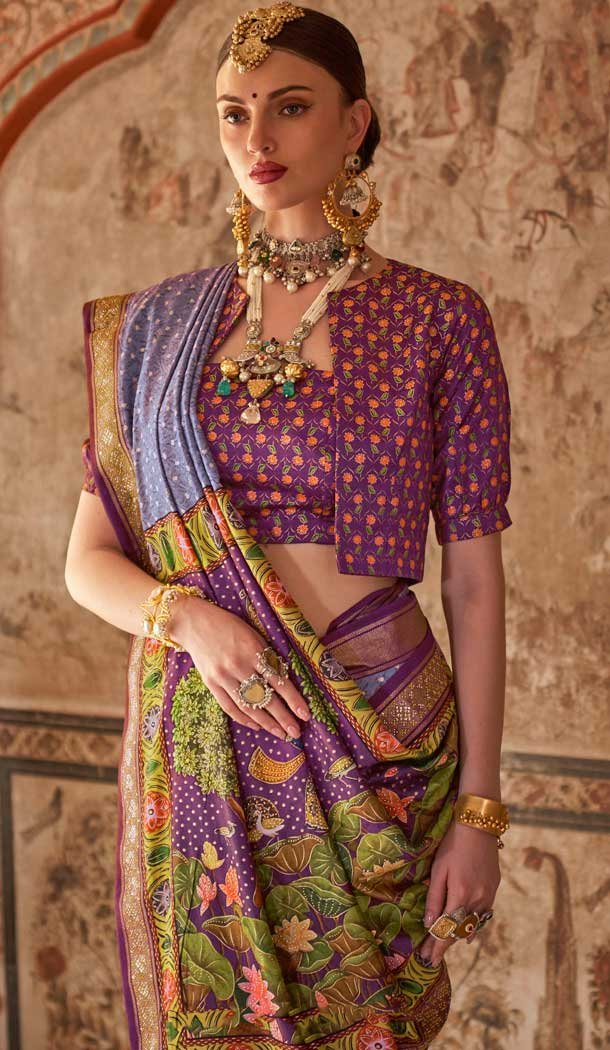 Purple Viscose Silk Printed Plus Size Designer Wear Saree - 147691734