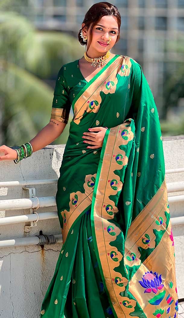 Green Paithani Silk Meenakari Work Party Wear Saree - 147821814