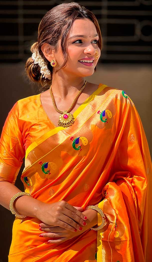 Orange Paithani Silk Meenakari Work Party Wear Saree - 147821815