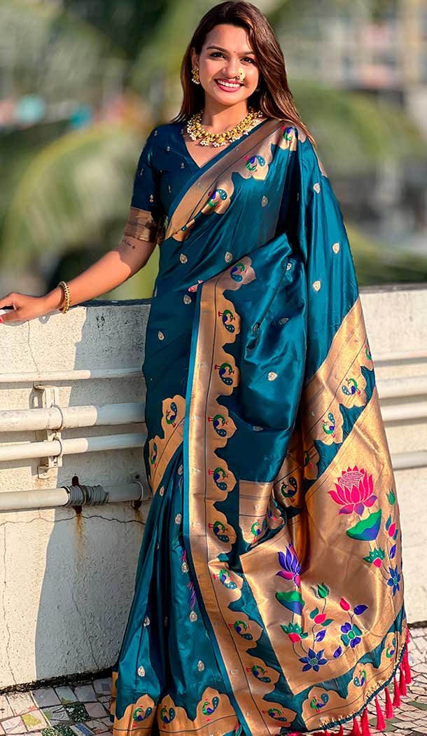 Teal Blue Paithani Silk Meenakari Work Party Wear Saree - 147821820