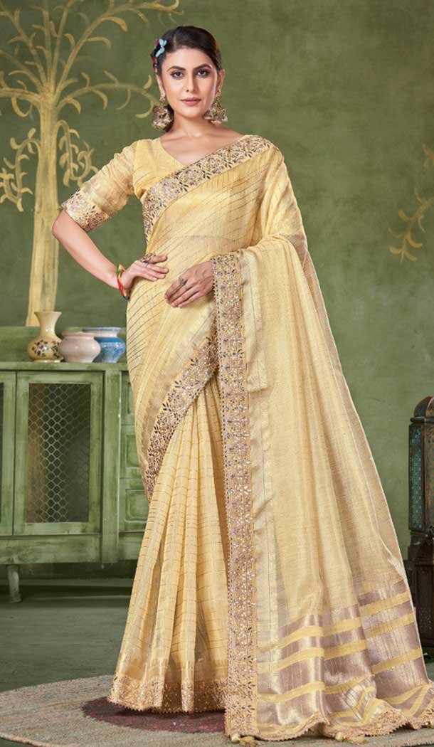 Beige Banarasi Silk Coding Work Party Wear Saree - 9922191270