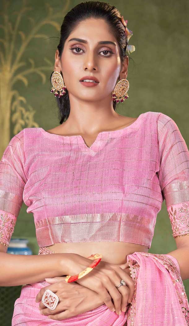 Pink Banarasi Silk Coding Work Party Wear Saree - 9922191274