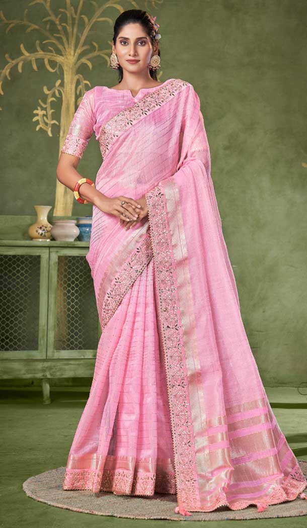 Pink Banarasi Silk Coding Work Party Wear Saree - 9922191274