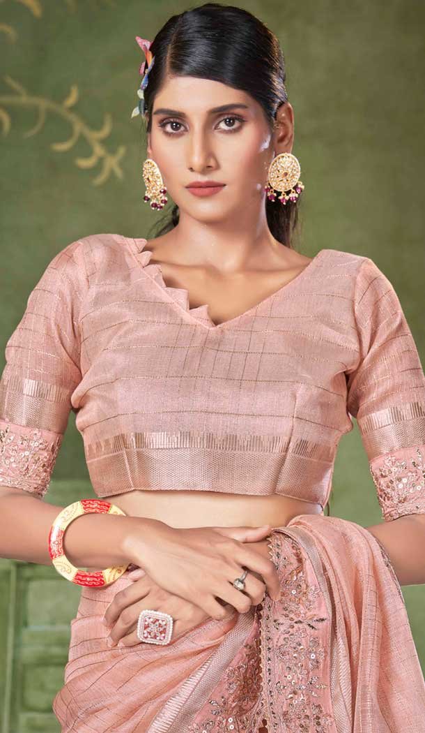 Peach Banarasi Silk Coding Work Party Wear Saree - 9922191275