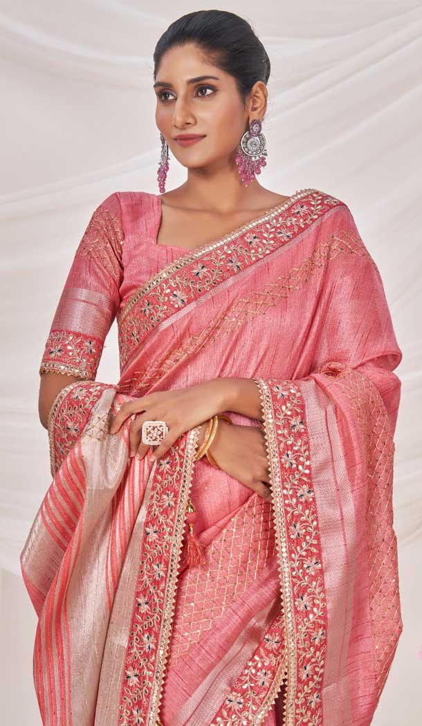 Art Silk Linen Coding Work Traditional Wear Saree In Pink - 9923191277