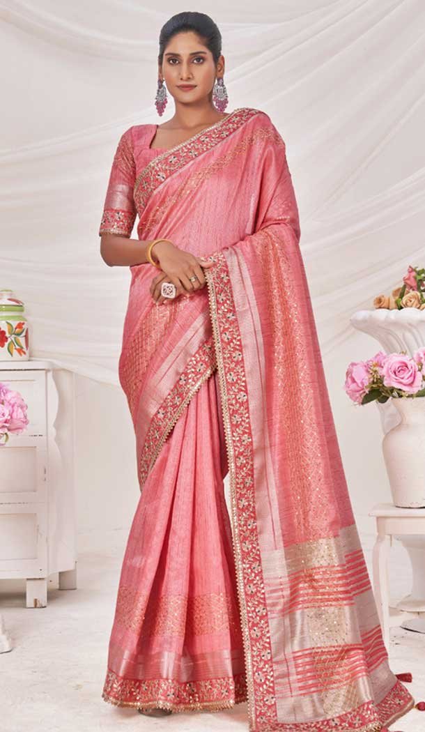 Art Silk Linen Coding Work Traditional Wear Saree In Pink - 9923191277