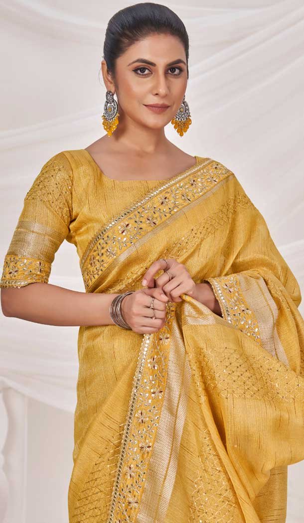 Art Silk Linen Coding Work Traditional Wear Saree In Mustard - 9923191278