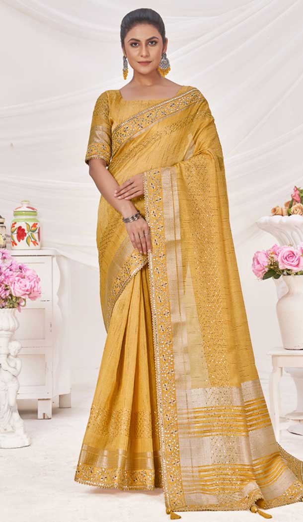 Art Silk Linen Coding Work Traditional Wear Saree In Mustard - 9923191278