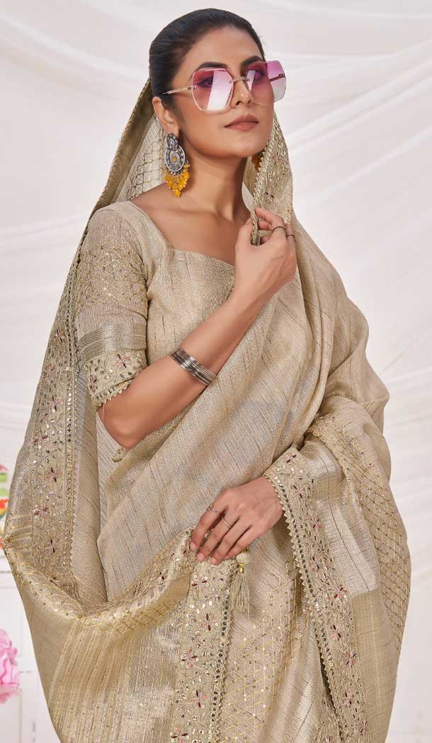 Art Silk Linen Coding Work Traditional Wear Saree In Beige - 9923191279