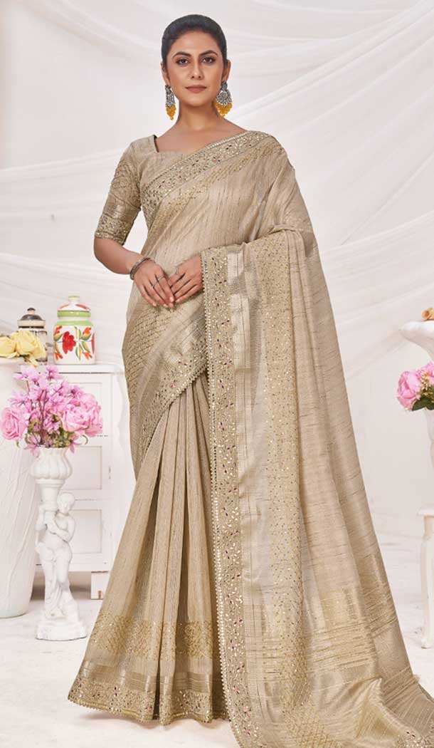 Art Silk Linen Coding Work Traditional Wear Saree In Beige - 9923191279