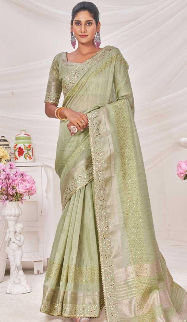 Art Silk Linen Coding Work Traditional Wear Saree In Pista Green - 9923191280