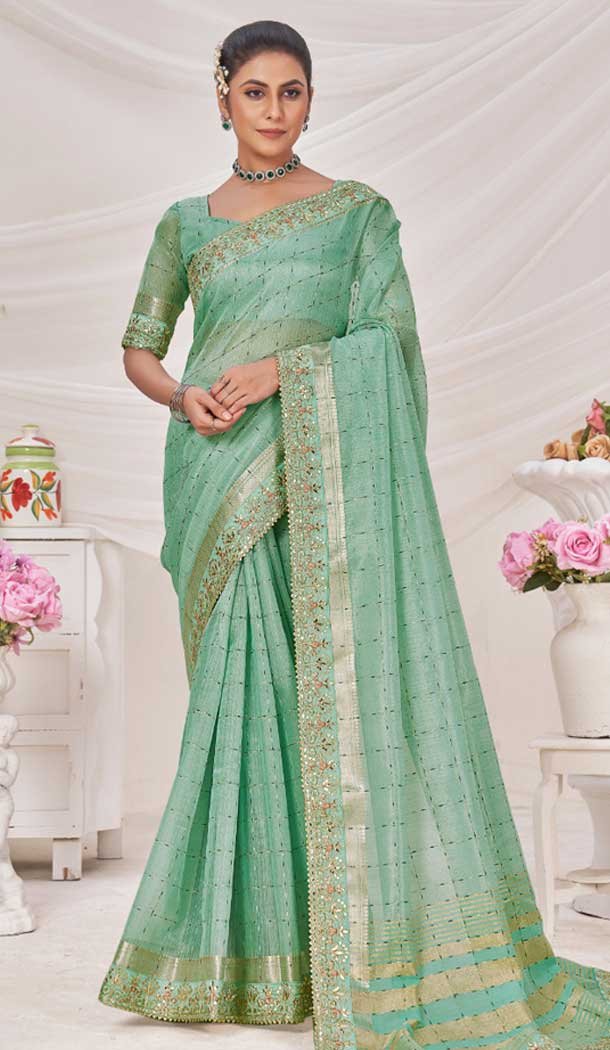 Mint Green Banarasi Silk Zari Work Traditional Wear Saree - 9924191289