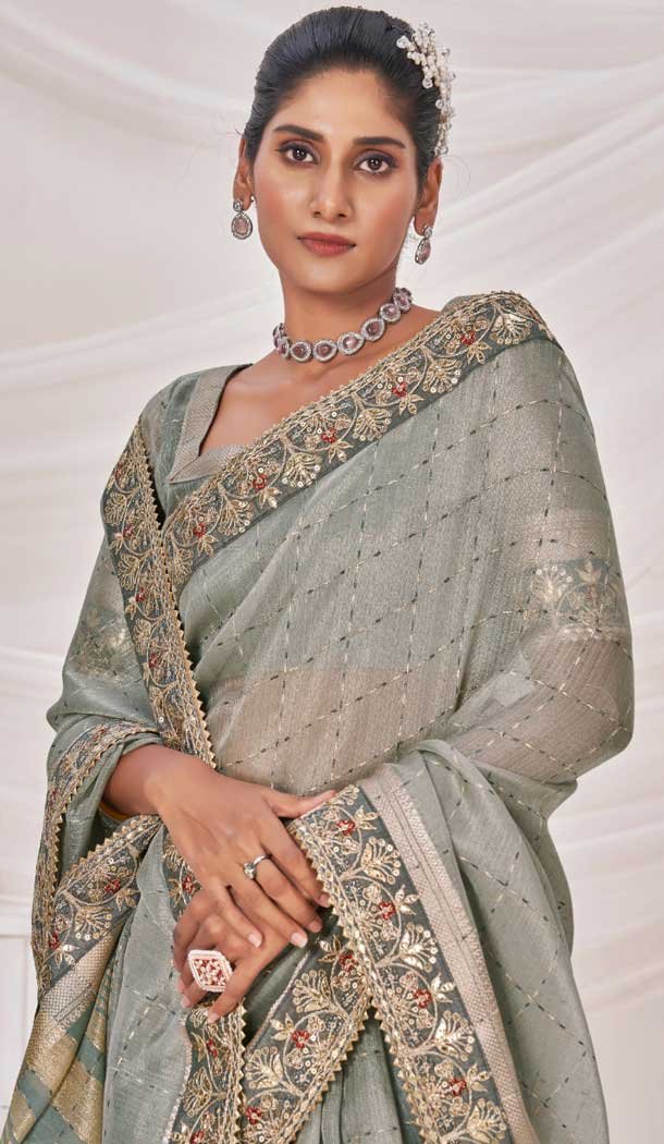 Grey Banarasi Silk Zari Work Traditional Wear Saree - 9924191290