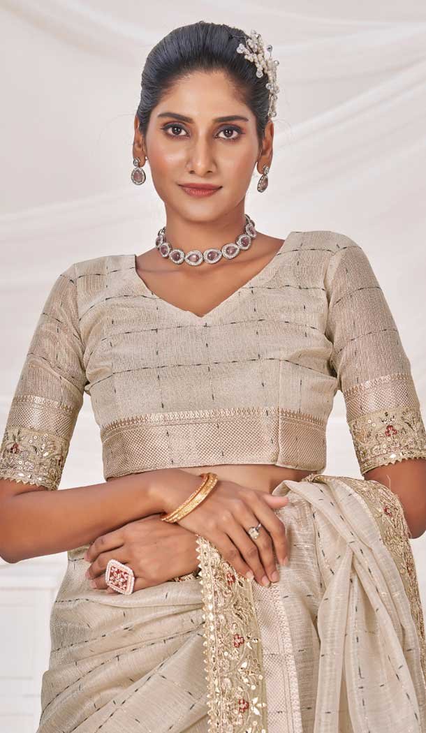 Off Grey Banarasi Silk Zari Work Traditional Wear Saree - 9924191292