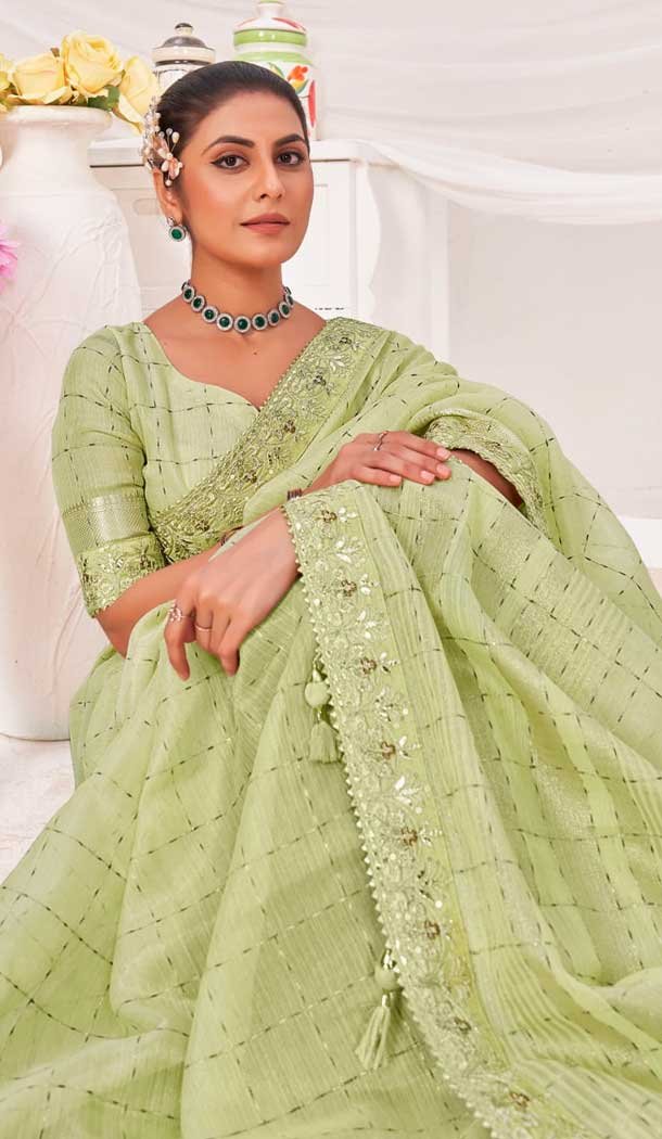 Pista Green Banarasi Silk Zari Work Traditional Wear Saree - 9924191294