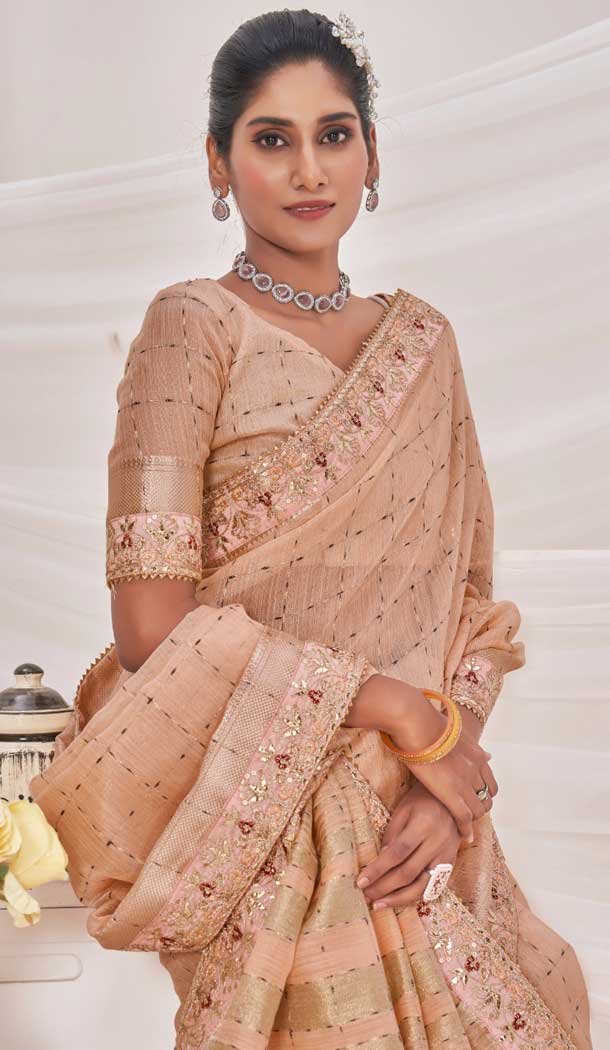 Peach Banarasi Silk Zari Work Traditional Wear Saree - 9924191296