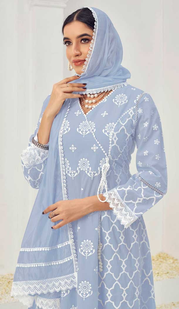 Pure Cotton Embroidered Party Wear Palazzo Suit In Light Blue - 9930191312