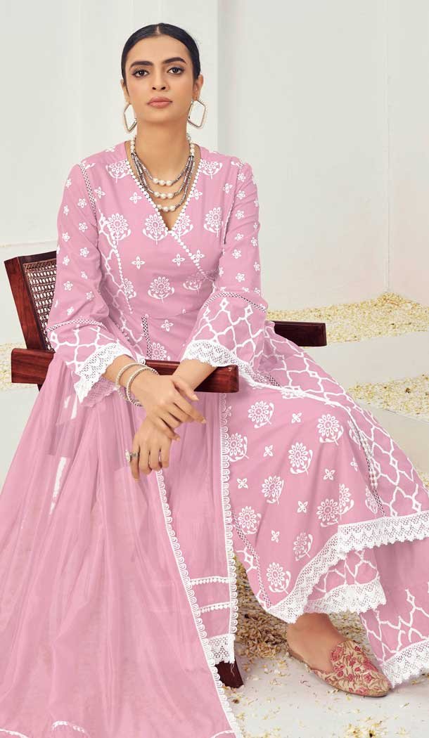 Pure Cotton Embroidered Party Wear Palazzo Suit In Light Pink - 9930191313