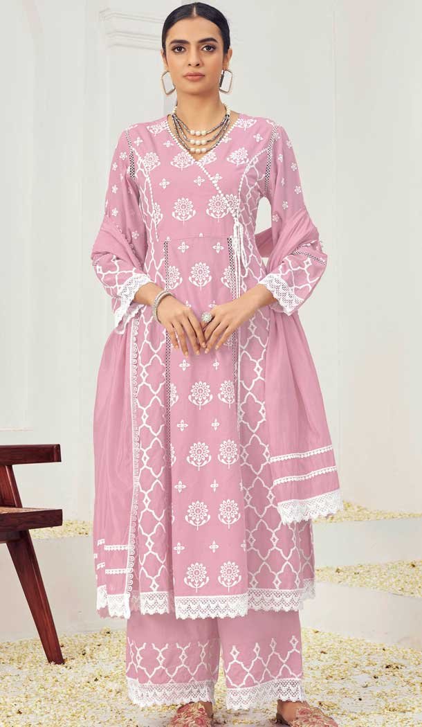 Pure Cotton Embroidered Party Wear Palazzo Suit In Light Pink - 9930191313